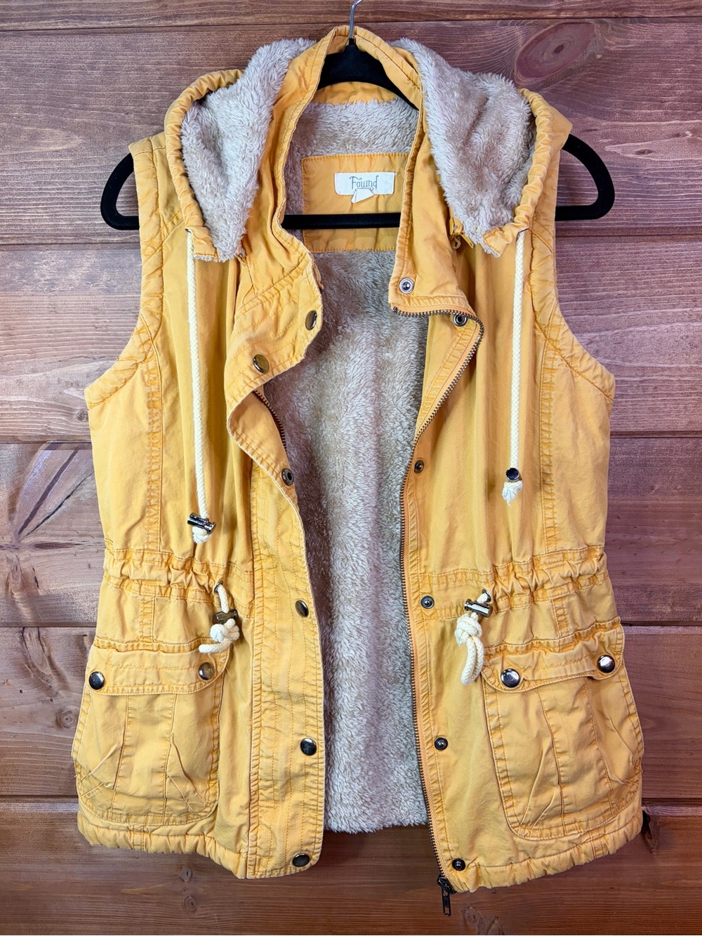 Found Mustard Yellow Sherpa Lined Hooded 100% Cotton Utility Vest Small 💛